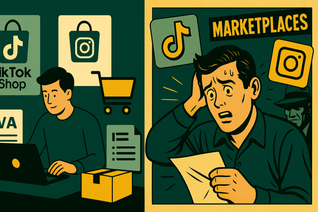 Ilustración flat sobre cómo facturar en TikTok Shop, mostrando autónomos gestionando IVA y ventas en redes, estilo AENA-Editorial 2025.