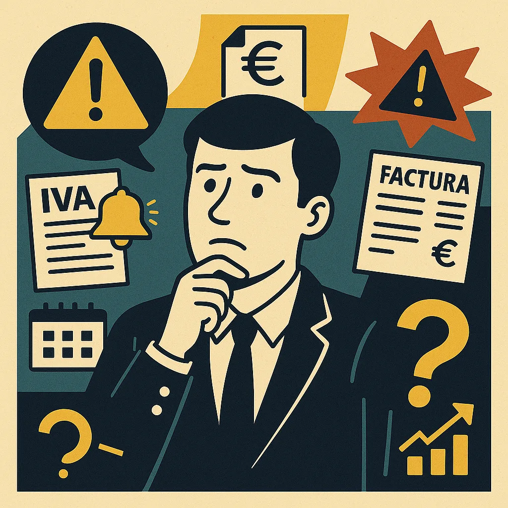 Ilustración editorial estilo retro-moderno con un autónomo novato rodeado de iconos de impuestos, facturas y alertas, en colores verde oscuro y amarillo.