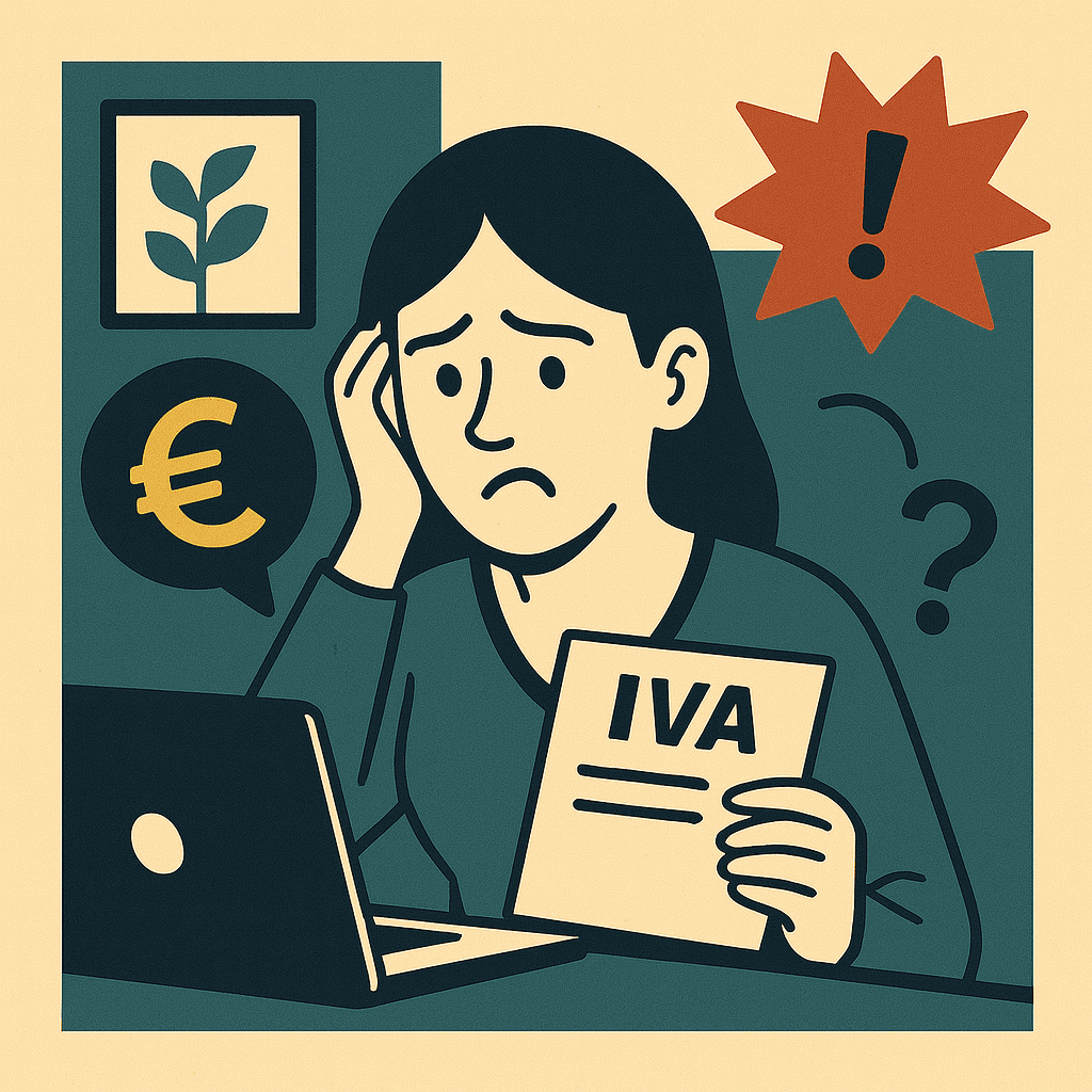 ilustración flat de autónomo revisando IVA con iconos fiscales