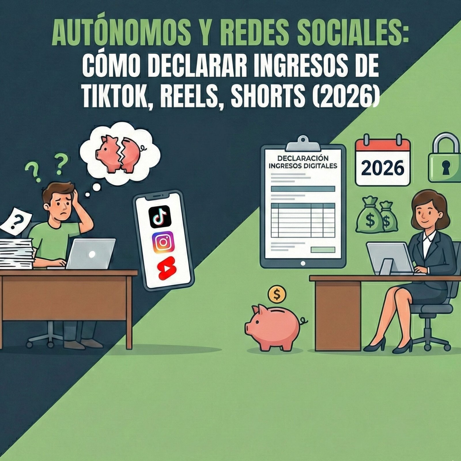 Joven creador digital grabando contenido con móvil y luz LED en ambiente moderno, estilo editorial verde oscuro