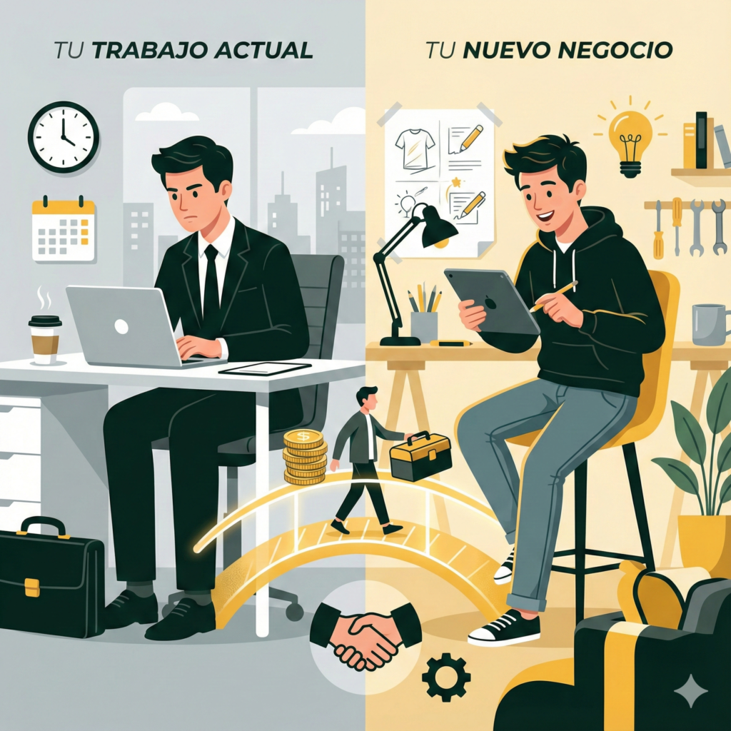 Ilustración editorial de un profesional compatibilizando trabajo por cuenta ajena y emprendimiento con planificación fiscal.