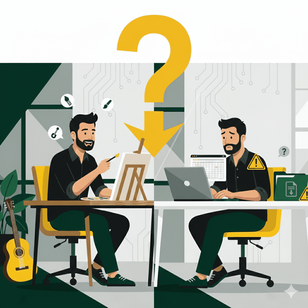 Ilustración editorial de un emprendedor realizando un hobby mientras un asesor revisa con humor si es actividad económica según Hacienda.