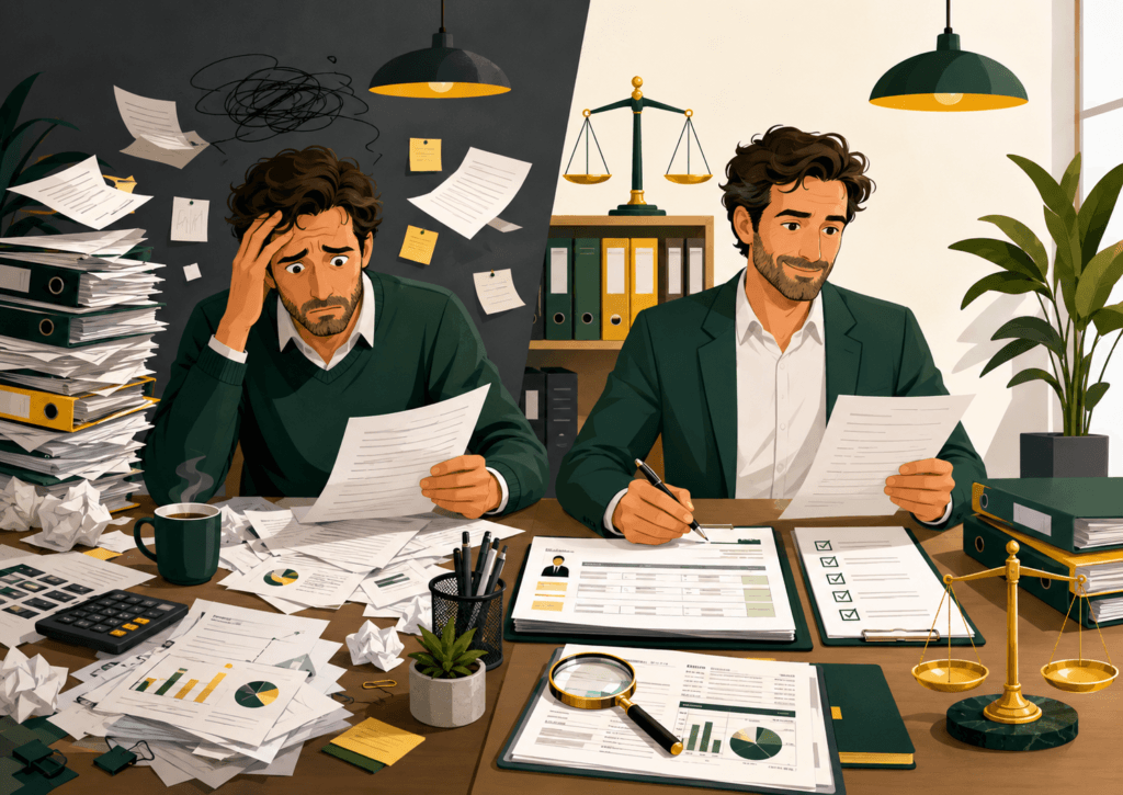 Ilustración editorial de administrador de una sociedad revisando nómina, actas y documentos fiscales con estética profesional en verde oscuro y amarillo