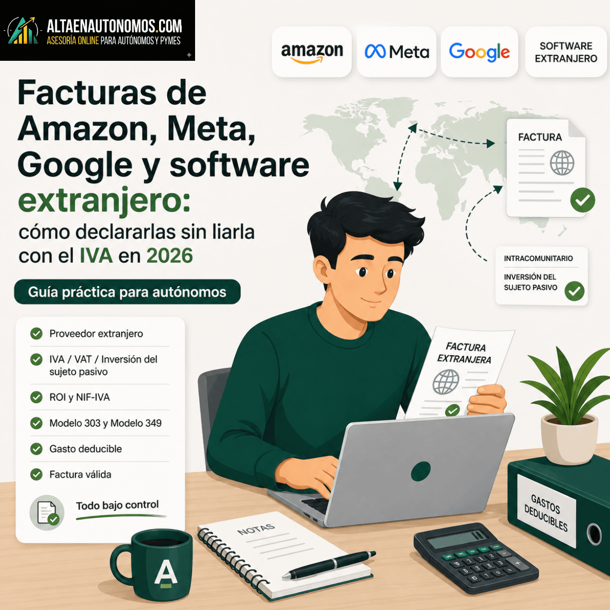 Guía 2026 para declarar facturas extranjeras de Amazon, Meta, Google y software: IVA, inversión del sujeto pasivo, ROI, 349 y Modelo 303