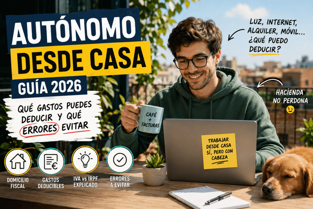 Guía 2026 para autónomos que trabajan desde casa: domicilio fiscal, domicilio de actividad, gastos deducibles, suministros, IVA, IRPF y errores.