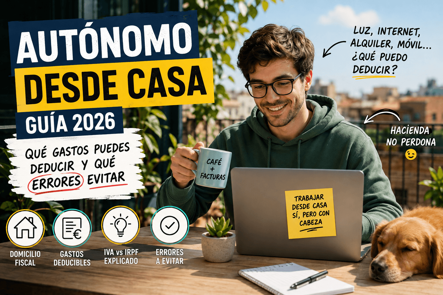 Guía 2026 para autónomos que trabajan desde casa: domicilio fiscal, domicilio de actividad, gastos deducibles, suministros, IVA, IRPF y errores.