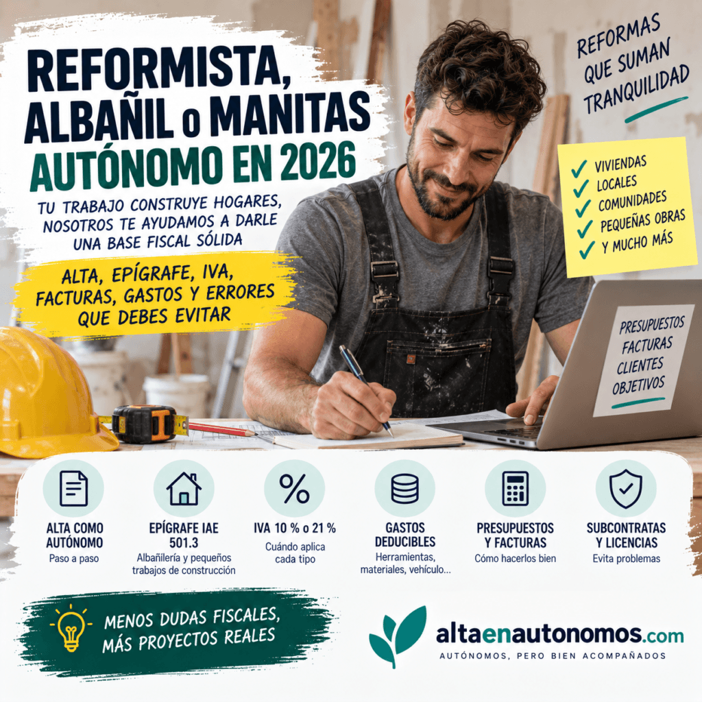 Guía práctica 2026 para reformistas, albañiles y manitas autónomos: cómo darte de alta, qué epígrafe usar, cuándo aplicar IVA 10 % o 21 %, cómo calcular el límite del 40 % de materiales y qué errores evitar.