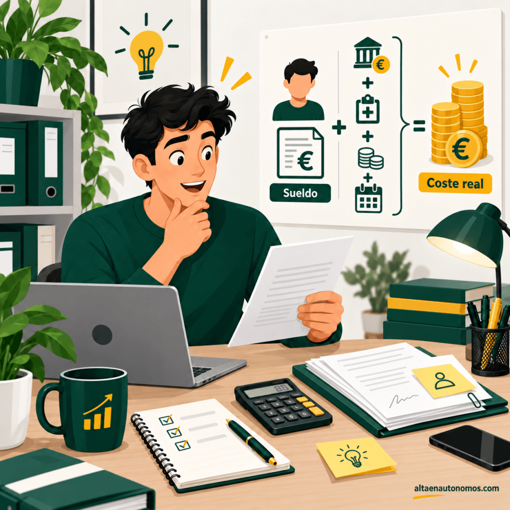 Guía 2026 para saber cuánto cuesta contratar a un trabajador siendo autónomo: salario, Seguridad Social, convenio, nómina, trámites y errores.