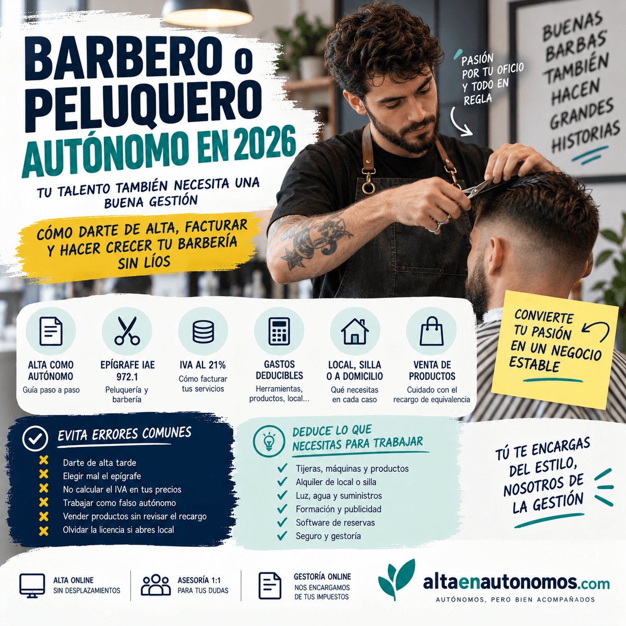 Guía práctica 2026 para barberos y peluqueros autónomos: cómo darte de alta, qué epígrafe usar, cómo facturar, qué gastos deducir y qué errores evitar si trabajas por tu cuenta.