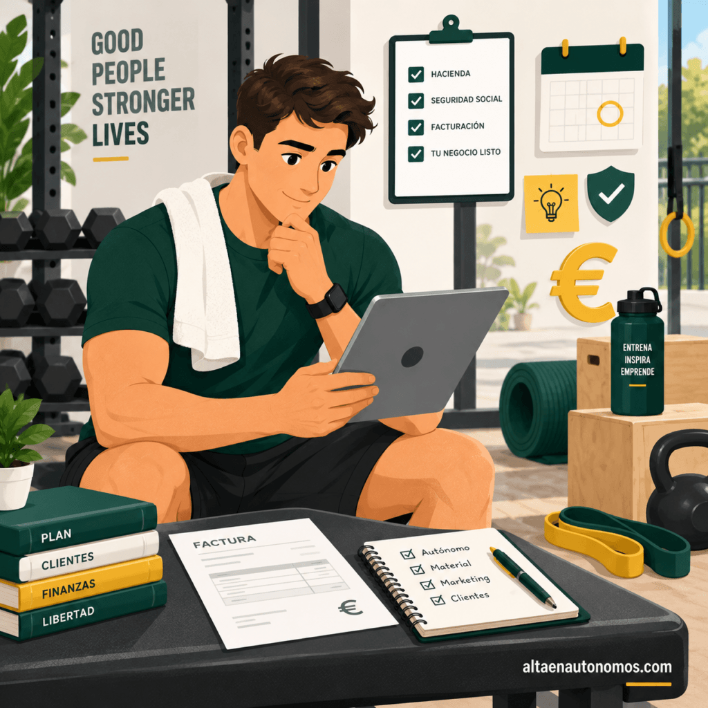 Guía 2026 para entrenador personal autónomo: alta, epígrafe IAE, IVA, IRPF, gimnasio, online, gastos deducibles y errores.
