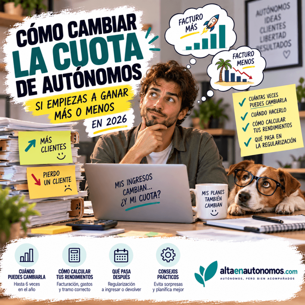 ¿Tus ingresos han cambiado? Te explicamos cómo modificar tu cuota de autónomos en 2026, las seis oportunidades de cambio, cómo estimar tus rendimientos y qué ocurre después con la regularización.
