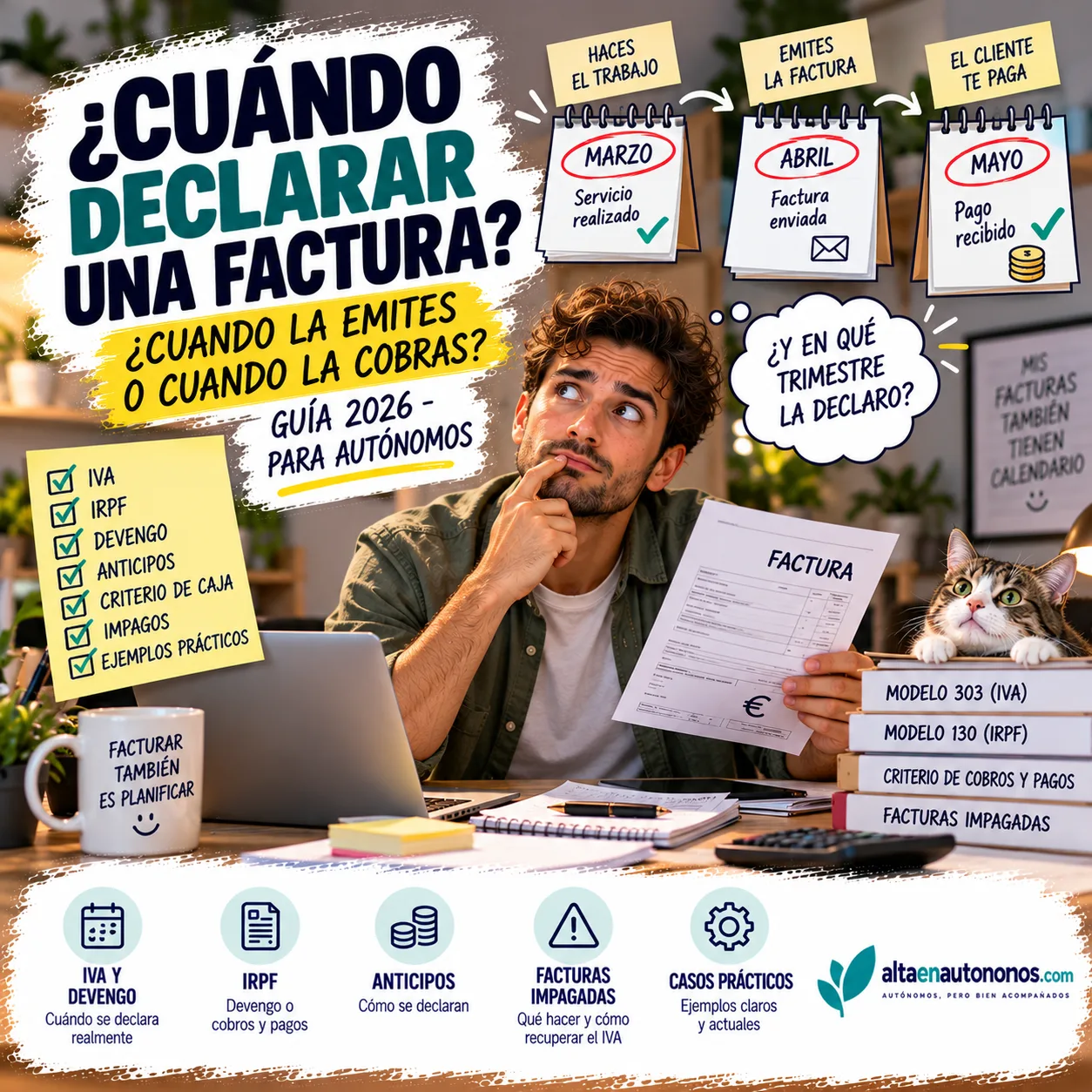¿Has hecho un trabajo en un trimestre pero cobrado en otro? Descubre cuándo debes declarar una factura siendo autónomo, cómo funciona el devengo y qué cambia con anticipos, impagos y criterio de caja.