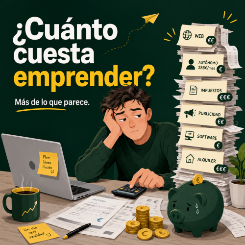 emprendedor calculando cuánto cuesta emprender en España con facturas y ordenador