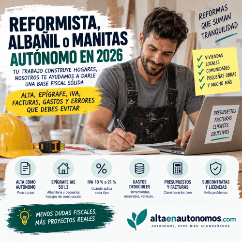 Guía práctica 2026 para reformistas, albañiles y manitas autónomos: cómo darte de alta, qué epígrafe usar, cuándo aplicar IVA 10 % o 21 %, cómo calcular el límite del 40 % de materiales y qué errores evitar.