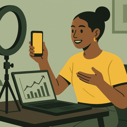 Joven creador digital grabando contenido con móvil y luz LED en ambiente moderno, estilo editorial verde oscuro