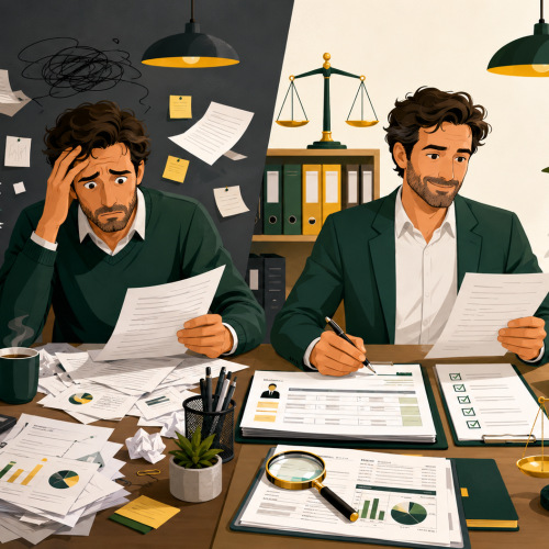 Ilustración editorial de administrador de una sociedad revisando nómina, actas y documentos fiscales con estética profesional en verde oscuro y amarillo