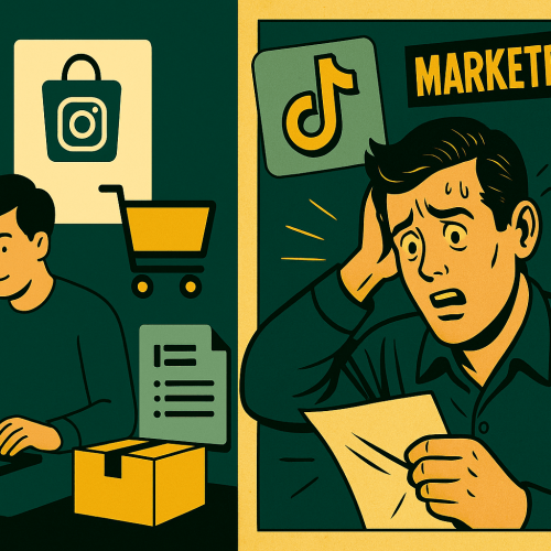 Ilustración flat sobre cómo facturar en TikTok Shop, mostrando autónomos gestionando IVA y ventas en redes, estilo AENA-Editorial 2025.