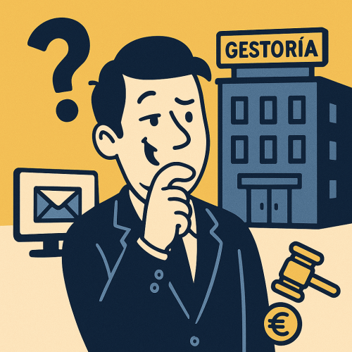 Ilustración editorial de estilo retro-moderno con un autónomo pensativo frente a un edificio de gestoría, con iconos de impuestos y euro en colores verde oscuro y amarillo.