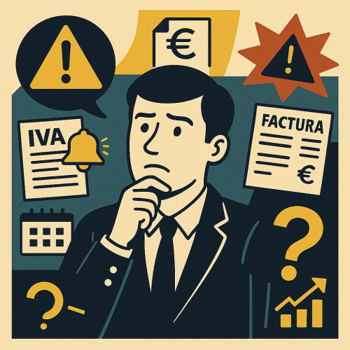 Ilustración editorial estilo retro-moderno con un autónomo novato rodeado de iconos de impuestos, facturas y alertas, en colores verde oscuro y amarillo.