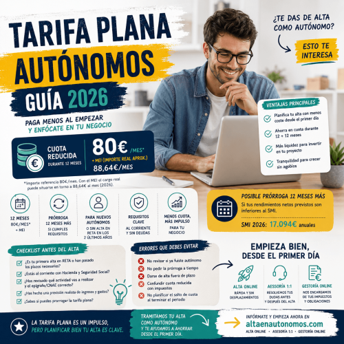 Guía completa sobre la tarifa plana de autónomos 2026: cuota real, requisitos, duración, prórroga, SMI, pluriactividad, societarios y errores.