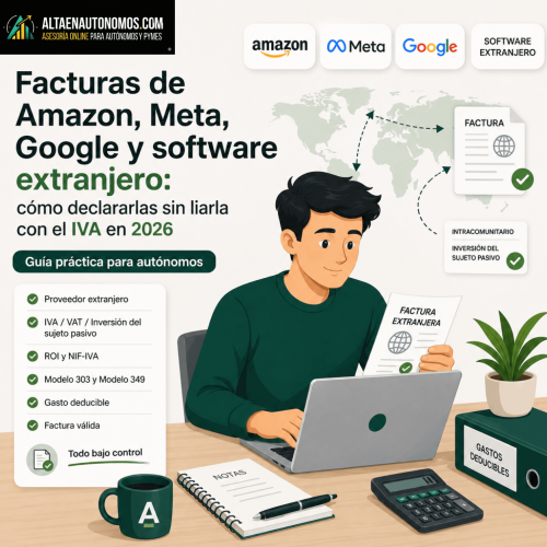 Guía 2026 para declarar facturas extranjeras de Amazon, Meta, Google y software: IVA, inversión del sujeto pasivo, ROI, 349 y Modelo 303