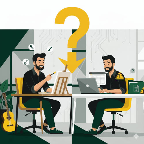 Ilustración editorial de un emprendedor realizando un hobby mientras un asesor revisa con humor si es actividad económica según Hacienda.