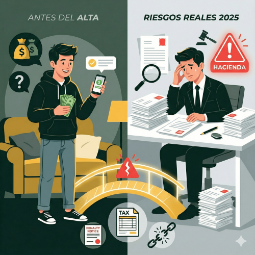 Ilustración editorial que muestra el contraste entre cobrar ingresos antes del alta y las consecuencias fiscales, estilo flat profesional.