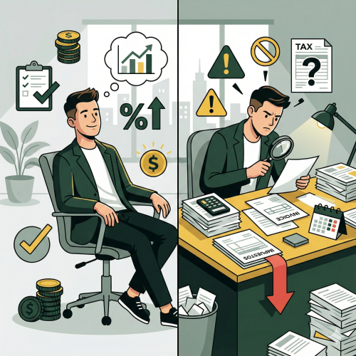 Ilustración editorial de un autónomo revisando su planificación fiscal con apoyo profesional, estilo moderno y claro.