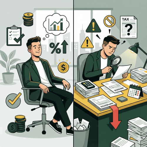 Ilustración editorial de un autónomo revisando su planificación fiscal con apoyo profesional, estilo moderno y claro.