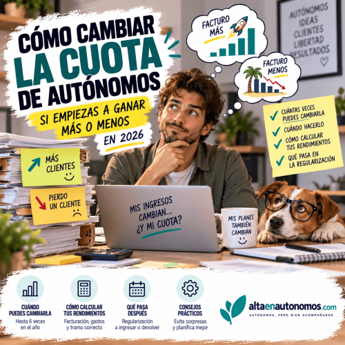 ¿Tus ingresos han cambiado? Te explicamos cómo modificar tu cuota de autónomos en 2026, las seis oportunidades de cambio, cómo estimar tus rendimientos y qué ocurre después con la regularización.